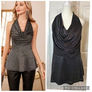 Grace Karin NWT Halter Back Cowl Neck Top 2X Party Black Sparkle